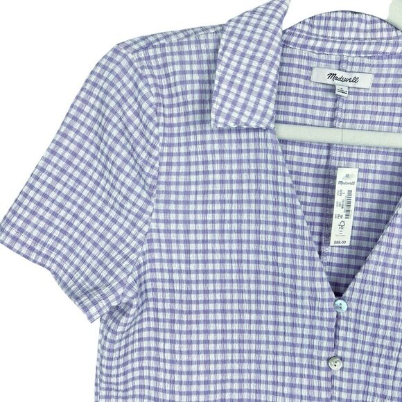 Madewell Crinkled Button-Down Shirt Plaid Purple Cottagecore Milkmaid - Picture 6 of 12